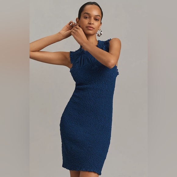 NWT! By Anthropologie Blue Ruffle-Trim Textured Mini Dress - Size Small 🏀 - Picture 1 of 5